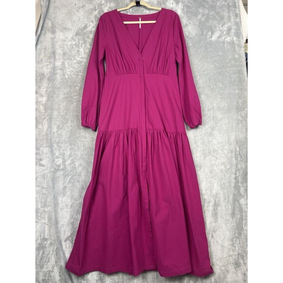Free People Kendra  Dress Tiered Maxi Button Front Long Sleeve in Magenta Size L - Picture 5 of 13